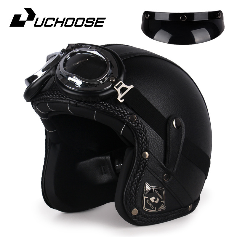 Four Seasons Retro Harley Helmet Leather Electric Vehicle 3/4 Half Helmet Big Turtle King Scooter Motorcycle Helmet