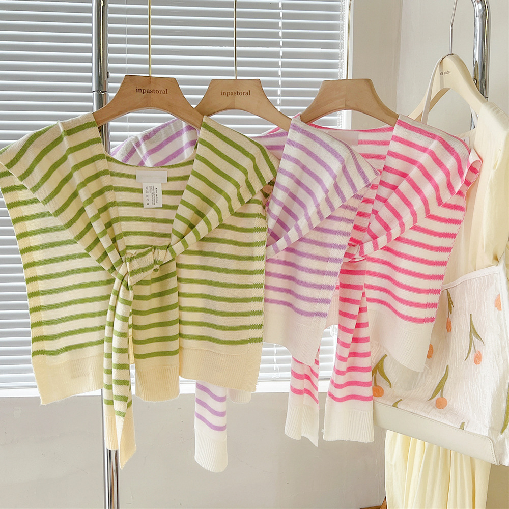 Striped Spring and Autumn Knitted Shawl for Women, Fashionable and Stylish, Suitable for Air-Conditioned Rooms, Green Summer Shawl to Wear with Dresses, Scarf