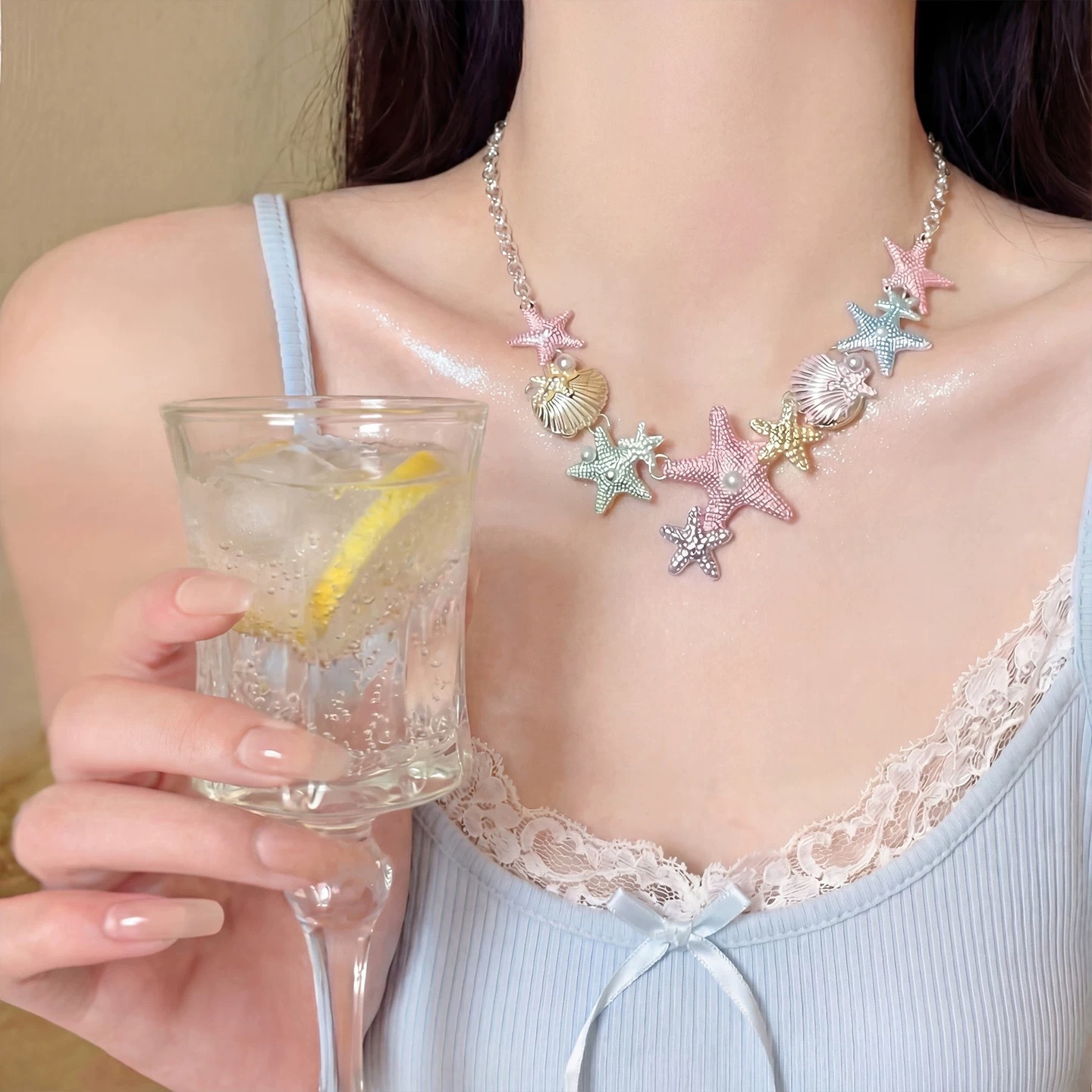 Korean-Style Sweet Dopamine Starfish Pendant Necklace, Long Gravel Stone Holiday-Style Beaded Choker Clavicle Chain Accessory