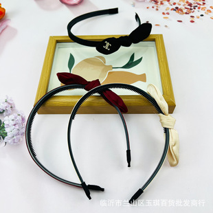 Satin embroidered bow tie head buckle head hoop wave hairpin men's and women's black hairpin face pressure hair band thin front bangs