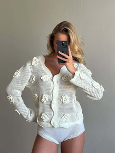 Early Spring New Crochet Retro Rose Hollow Small Blouse Sweater Women's Slim-fit All-match Elegant Knitted Cardigan Women