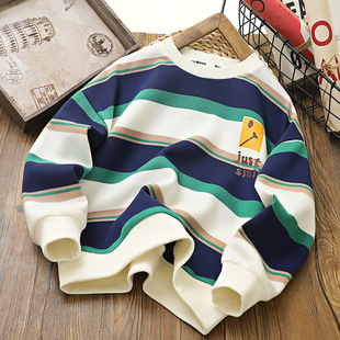 Boys' sweater 2023 autumn and winter new children's fleece-lined striped top boys long sleeve T-shirt large children's clothing batch
