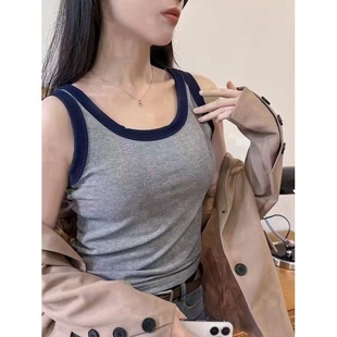 Knitted Thread Cotton Base Sling Small Vest Women's Summer Inner Contrast Color Covering Emulsion Black Outer Sleeveless Top