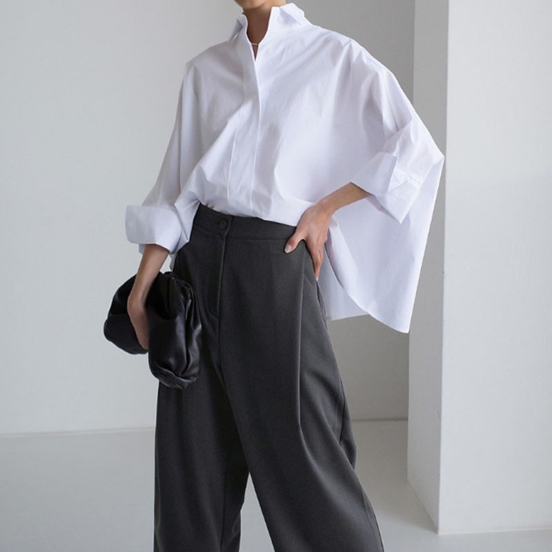CSM Spring/Summer Women's Long-Sleeved Shirt, Korean Style, Loose Fit, Plus Size, Pure Cotton, White, Cape-Style Batwing Sleeve Fashion Shirt