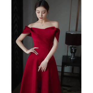Toast Dress Bride Satin French Red Wedding Back Door Engagement Dress for Small Women High-end off-shoulder