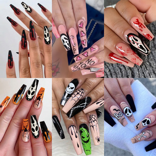 Cross-border Halloween wear nail Ghost skull pumpkin bat long 24 pieces fake nail patch nail beauty piece wholesale
