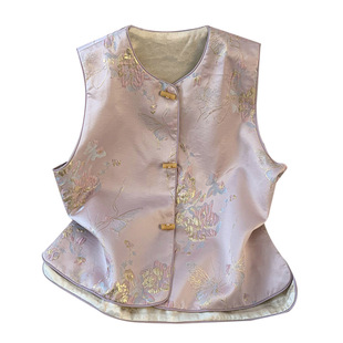 National style round neck sleeveless vest jacquard woven gold new retro chic national style temperament short vest Europe and the United States