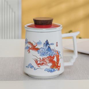 Dragon year ceramic cup gift box National fashion style open door red hand gift company annual meeting gift mug