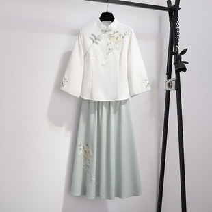 Ethnic Style Women's Cheongsam Top Tang Suit Two-piece Set Autumn and Summer New Cotton and Linen Embroidered Han Element Hanfu Tea Clothing