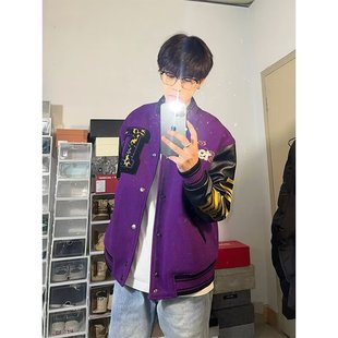 American-style High Street Hip Hop Fashion Brand Men's Loose Wool Leather Embroidered Jacket Spring and Autumn Fried Street Fashion Baseball Suit Jacket