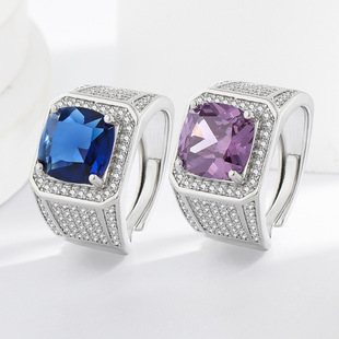 European and American Men's Five-Carat Simulated Tanzanite Sapphire Studded with Diamond Rings, Domineering Silver-Plated Rings, Fashionable Men's Rings Wholesale
