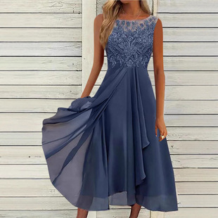 2023 European and American New Mid-length Chiffon Dress Sweet Stitching Lace Hollow Long Sleeveless Dress Bridesmaid Dress