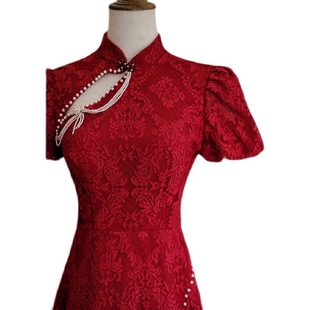 Improved Cheongsam Toast Dress Bride 2024 New Summer wine red Chinese-style Wedding Dress Pearl Backless
