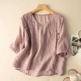 Embroidered Cotton and Linen Top Loose Elegant Artistic Retro Cotton and Linen Small Shirt Thin All-match 2024 Summer New Ethnic Style