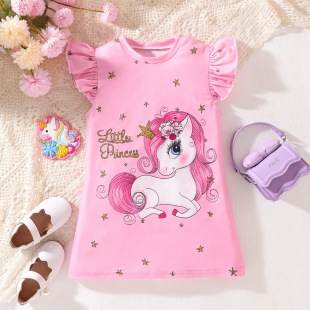 2024 Summer New Sweet Cute Girl Cartoon Unicorn Pink Flying Sleeve dress Nightdress