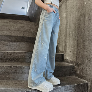 New Summer Thin Girls' Jeans Wide Leg Pants Straight Tube Loose Trousers Middle and Large Girls' Tencel Jeans