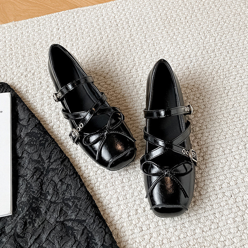 Genuine Leather French-Style Height-Increasing Ballet Flats for Women, 2026 Spring New Model with Cross Straps and Bow Mary Jane Leather Shoes