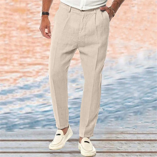 Men's cross-border linen pants straight solid color comfortable outdoor leisure loose long Library