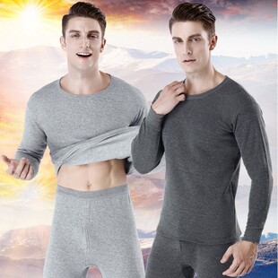 Men's Thermal Underwear suit Autumn and Winter Thin Solid Color Autumn Clothes and Pants fleece-lined Thickened Youth Base Shirt plus size