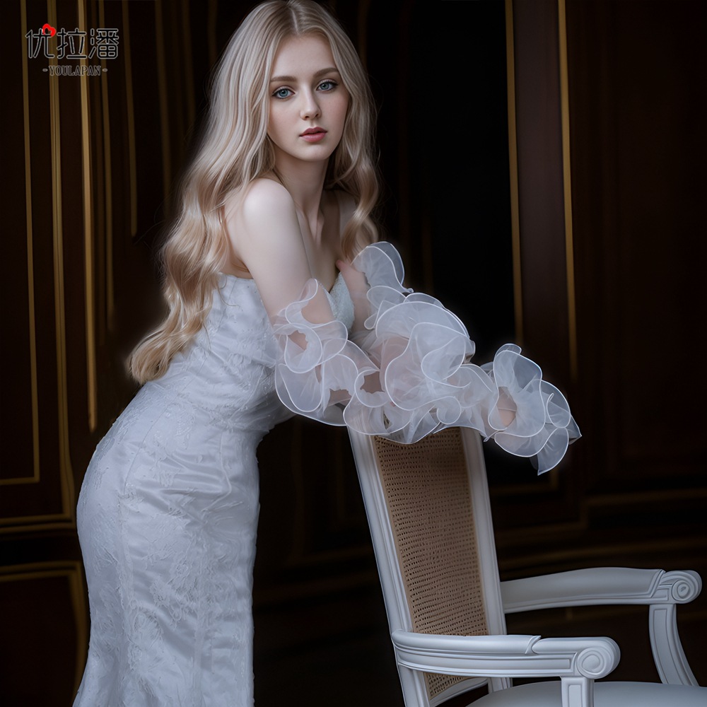Youlapan Vm35 New Romantic Ruffled Bridal Sleeves Wavy Edge Banquet Party Dress Fingerless Gloves