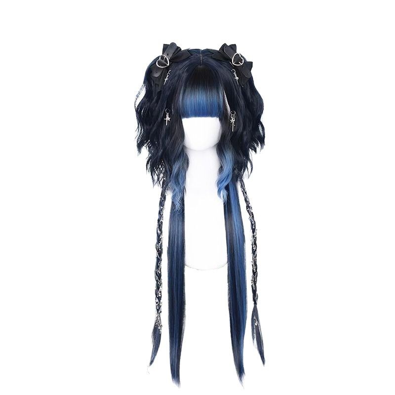 Full Wig for Women with Highlights, Long Curly Hair, Jellyfish Head Collection, Gradient Bangs, Full Synthetic Wig Set