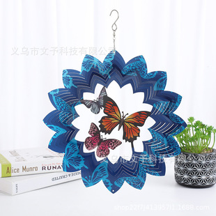 Cross-border explosions metal three butterfly wind spinner 3D dynamic rotating wind chime decoration metal stainless steel windmill hanging