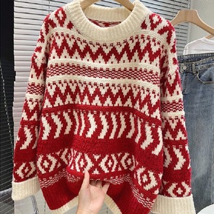 Christmas Red Thick Soft Waxy Sweater Women's 2024 Korean Autumn and Winter New Retro Loose Western Style Knitted Top