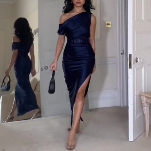 2024 Summer Europe and America Amazon Cross-border Foreign Trade Inclined Shoulder Irregular Shoulder Sexy Dress High Waist Split Skirt
