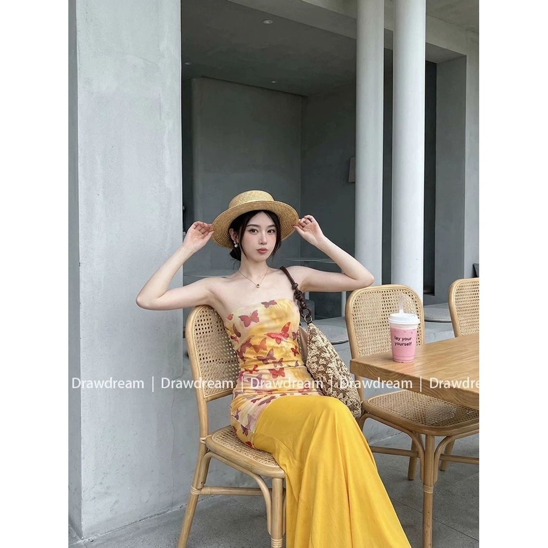 Beach Vacation Yellow Butterfly Print Strapless One-Piece Swimsuit Beach Dress Feminine Hip-Hugging Fishtail Skirt Summer