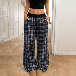 2025 Amazon Aliexpress Independent Station Daily Wear Plaid Casual Pants Women's Elastic Waist Loose Long Pants
