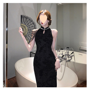 Hepburn-style Flocking High-end Cheongsam Elegant Summer Long Slim-fit Sleeveless Small Black Dress Giant Slimming Light Mature dress