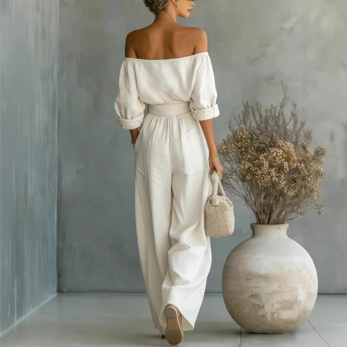 2026 European and American New Fashion Casual Two-Piece Women's Off-Shoulder Wide-Leg Pants Set for Amazon Independent Sites