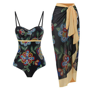 2025 new cross-border one-piece swimsuit steel ring gathered two-piece European and American printed pure color swimsuit wholesale suit