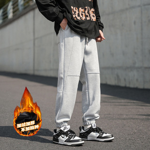 Side Striped Fleece-lined Cropped Casual Pants for Autumn and Winter Men's Loose All-match Foot-toe Pants Youth Trendy Brand Sports Pants