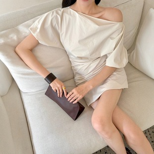 2025 Temperament Pure Desire Sexy Slanted Shoulder Two-Wear Dress Women's Pleated Waist Slim Fit Hip Short Skirt