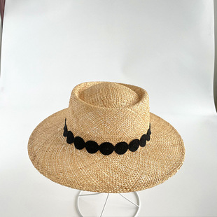 European and American Spring and Summer New Round Lace Belt Decoration Hand-Woven Ring Flat Top Baocao Straw Hat Outdoor Sunshade Straw Hat