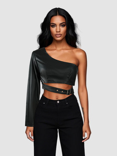 Cross-border locomotive punk single shoulder PU leather rock dance Joker irregular short coat European and American independent station net red
