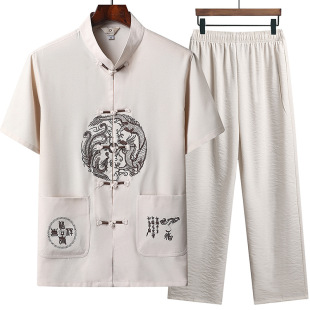 Summer Middle-aged and Elderly Tang Suit Men's Chinese Style Clothing Chinese Style Hanfu Cross-border Men's Short-sleeved Suit Linen Husband Clothing