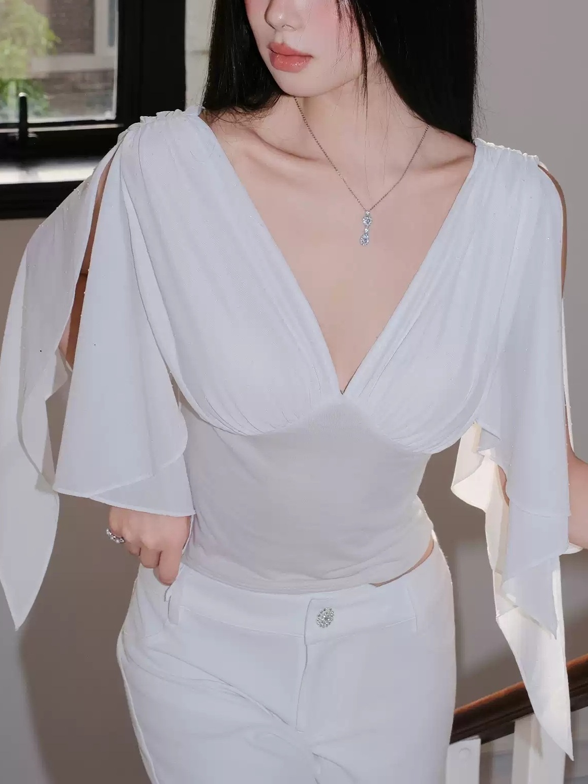 "Soft Breeze" V-Neck White Top with Rhinestones and Fluttering Sleeves, Blended Fabric, Skin-Friendly and Comfortable
