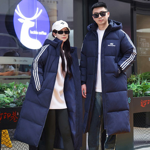 Couple's three-bar down cotton-padded jacket mid-length over-the-knee cotton-padded jacket 2024 new Korean version of loose winter coat
