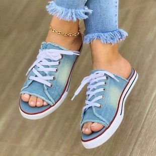New 2021 summer European and American women's sandals one-line low heel women's shoes washed denim slippers outer wear flat