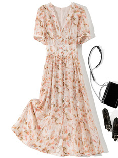 L6874 New Fashion V-neck Short-sleeved Printed dress Dress for Spring and Summer 2024