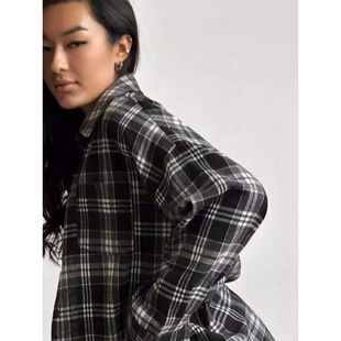Retro Style All-match Lapel Loose Shirt 2024 Autumn Plaid Long-sleeve Pocket Women's Shirt