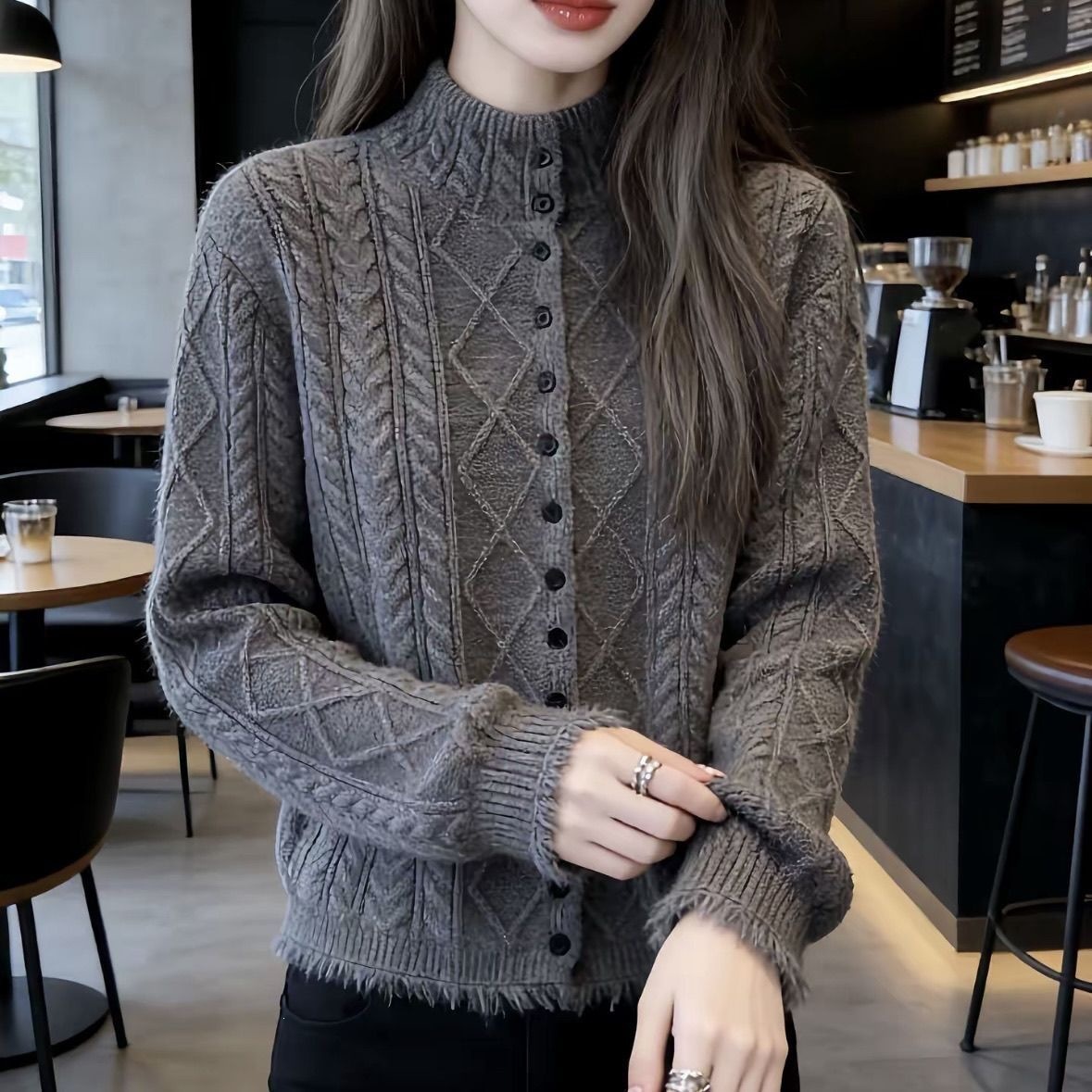 Korean-style retro gray single-breasted half-turtleneck cable-knit sweater for women, perfect for spring and autumn, with a relaxed and slim-fit design