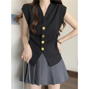 French Style V-neck Short-sleeved Shirt Women's Summer plus size chubby girl Sleeveless Slimming Belly-covering Small Shirt Tight Waist Top