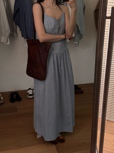 Chun Shangxin [LABEL] Italian-French Korean Joker Casual Loose Design Sense Text Plaid Sling Dress