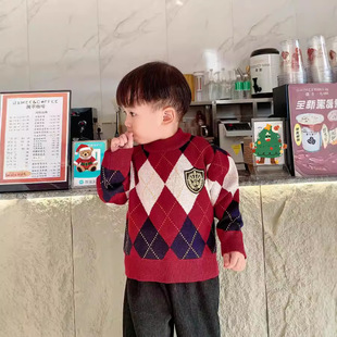 Fall/Winter British Maillard Children's College Style Sweater Boys' Diamond Plaid Sweater Girls' Crewneck Sweater -23089