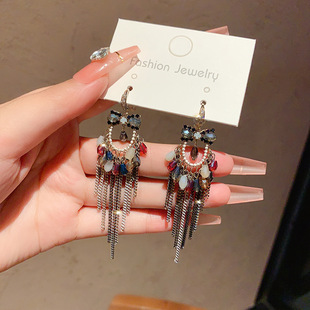 French retro ethnic style Micro inlaid zircon crystal chain tassel earrings fashionable light luxury temperament ear hook earrings for women