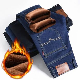 Autumn and Winter thick stretch fleece-lined jeans men's straight loose casual plus size winter work warm trousers men