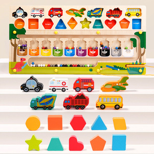 Wooden three-in-one. 9 shape color classification traffic matching magnetic beads walking early education educational enlightenment toys